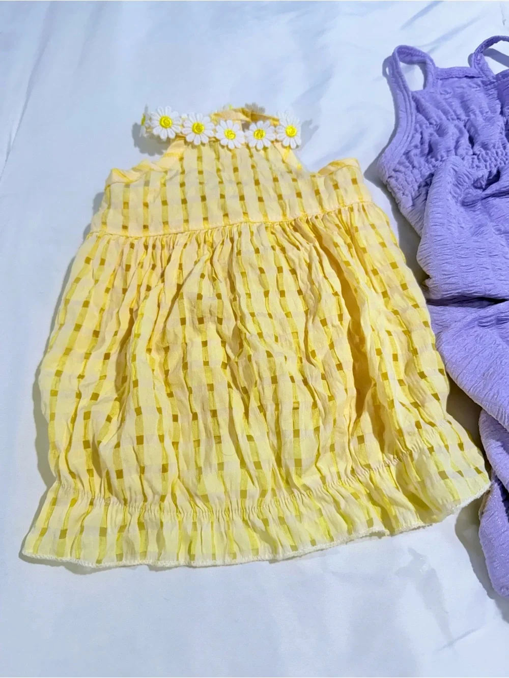 Yellow Daisy Trim Sundress & Lavender Smocked Romper Set